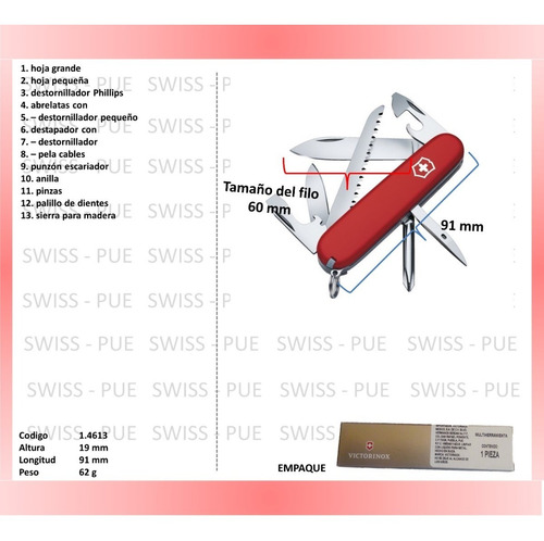 Imagen 2 de 5 de Navaja Hiker Roja, Funda Y Cordon, Victorinox (1.4613)