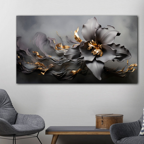 Cuadro Flor Gris Con Dorado Elegante Canvas Sala 130x90