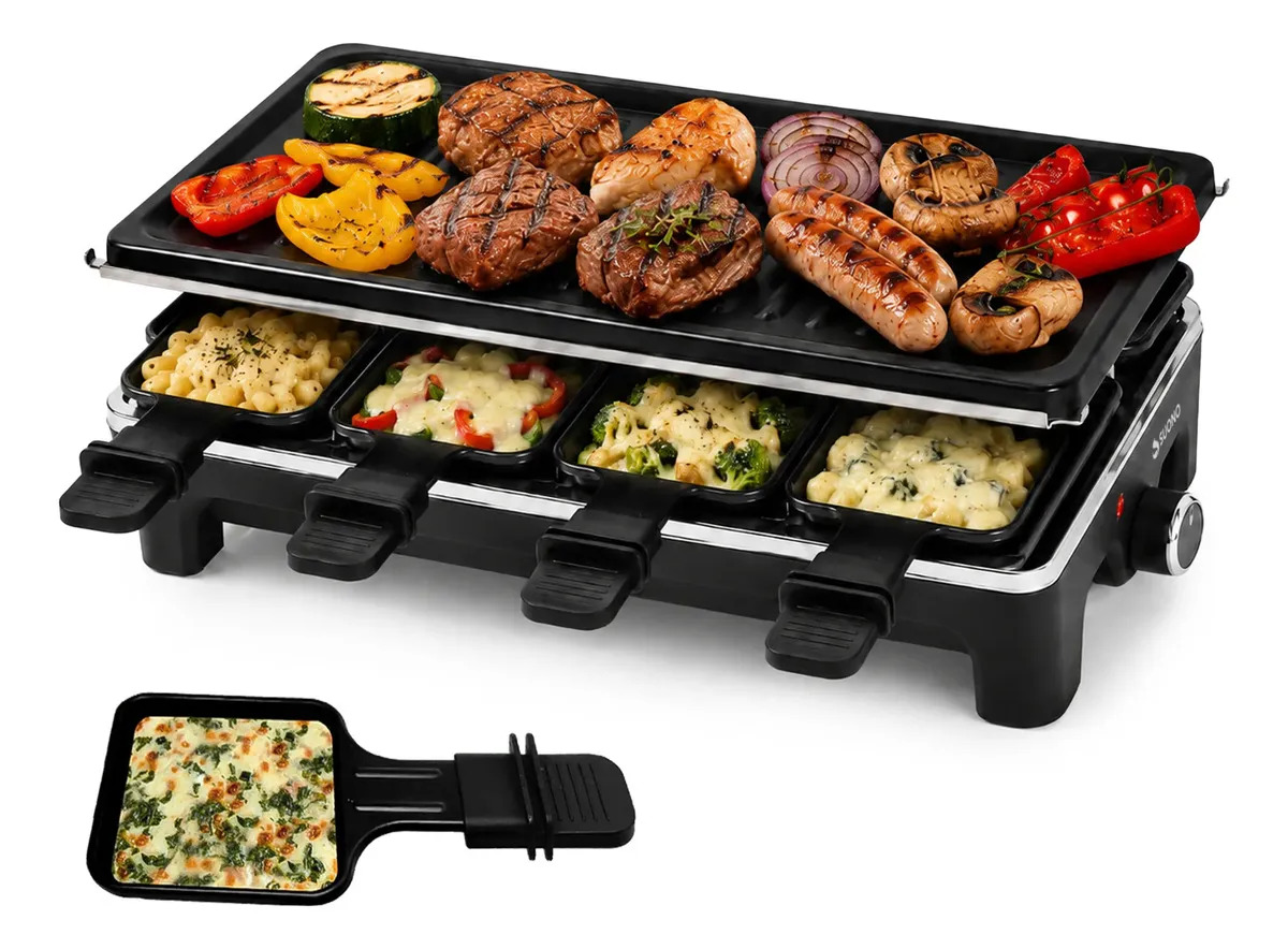 Parrillera Eléctrica Grill 2 En 1 Suono Para Asados Con 8 Sartenes Raclette Individuales Antiadherente 5 Niveles De Temperatura