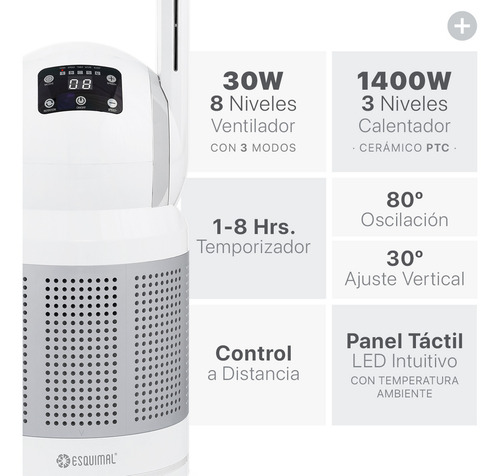 Ventilador Purificador Calentador 3 En 1 Esquimal, 8 Velocidades, 3 Niveles De Calefacción, Temporizador (Mediano, Plateado - Blanco)