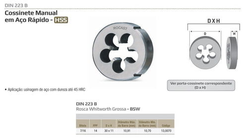 Cossinete Tarraxa  Manual Hss 7/16-14 Bsw - Din223b - Rocast