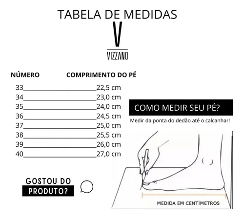 Tabela de hotsell medidas calçados vizzano