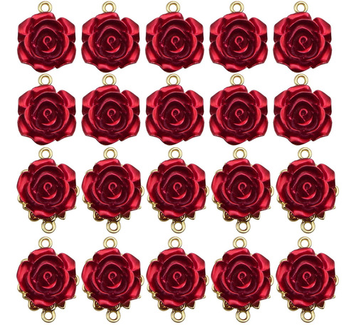 20 Dije Flor Rosa Roja Esmaltada Conector Aleacion Colgante