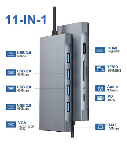 Hub Usb C 11 En 1 Con Hdmi 4k, Usb 3.0, 100 Wpd, Vga, Tarjet
