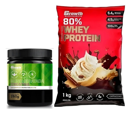 Kit Whey Concentrado 80%+ Creatina Monohidratada 250g Growth Sabor Cappuccino