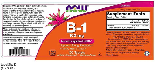 Vitamina B1 100 Mg Apoya Sistema Nervioso Now 100 Tabletas