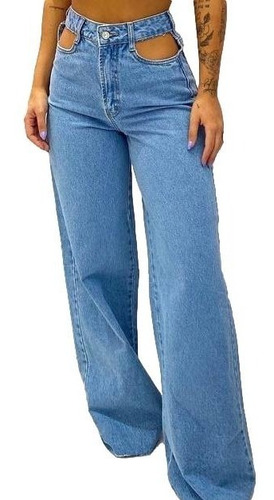 Imagem 1 de 5 de Calça Jeans Pantalona Flare Bolso Vazado Feminina Ref 1154