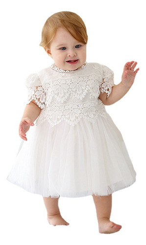 Vestido De Bautizo Blanco De Manga Corta Para Bebé Niña