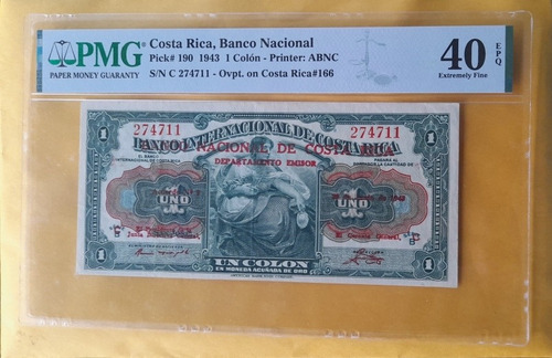 Billete 1 Colón Costa Rica 1943 En Excelente Estado.