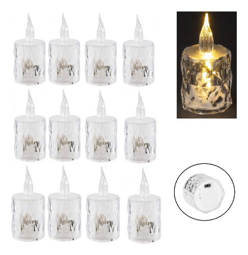 12 Velas Led Transparente Eletrônica Luz 6,5cm Decoração