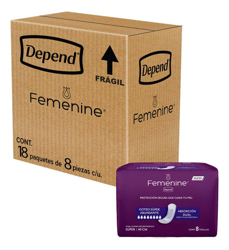 Depend Femenine Toalla Para Incontinencia Súper, Caja Con 18