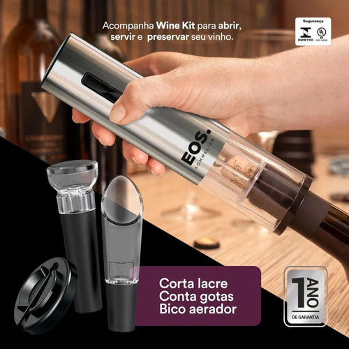 Abridor De Vinho Elétrico Inox Bateria Função Reverso - Eos