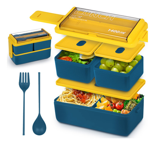 Lunch Box Bento Lonchera Térmica 1.4 L Con Cubiertos Color Azul Lunch Box Rectangular