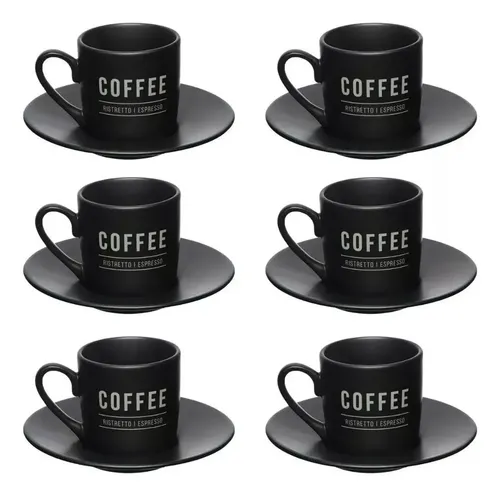 Jogo 6 Xícaras de Porcelana para Café com Pires Manhattan - Preto