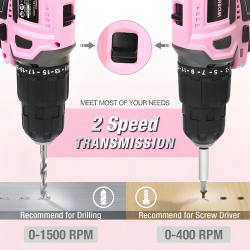 Taladro Inalámbrico Workpro 20v, Kit Completo Rosa, 1500 Rpm Color Rosa Frecuencia 60hz