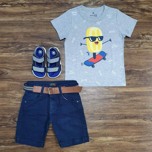 Conjunto Verão Camiseta Cinza Bermuda Infantil Menino Roupa