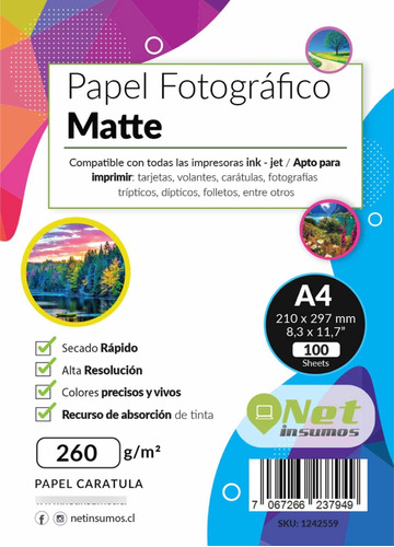 Papel Fotográfico Matte A4 260 Gr Resma 100 Hojas