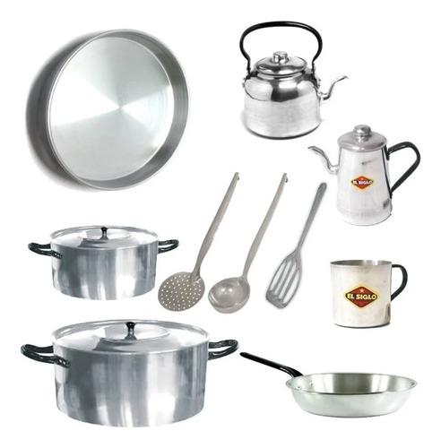 Set Bateria De Cocina 14 Piezas  Aluminio Olla Pava Sarten-