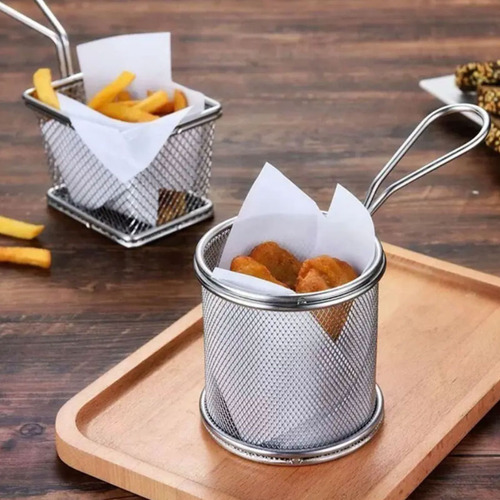 6 Mini Cestos Fritura Inox 12cm Servir Porção Batatas Fritas
