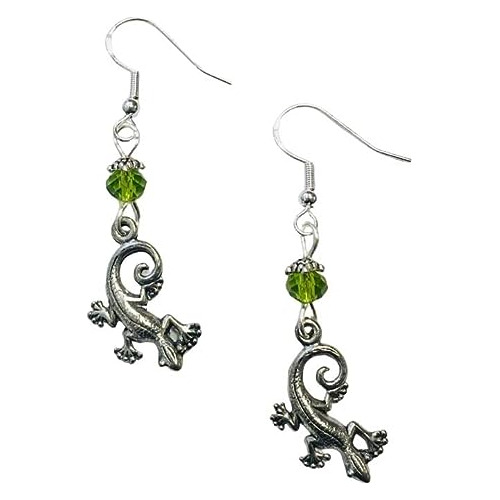 Lizard Or Gecko Earrings With Faceted Bead Silver Earwires