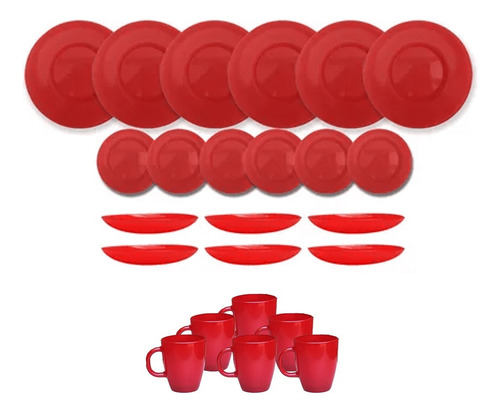 Juego Vajilla 24 Piezas Platos Tazas Vidrio Color Plen Rojo Liso