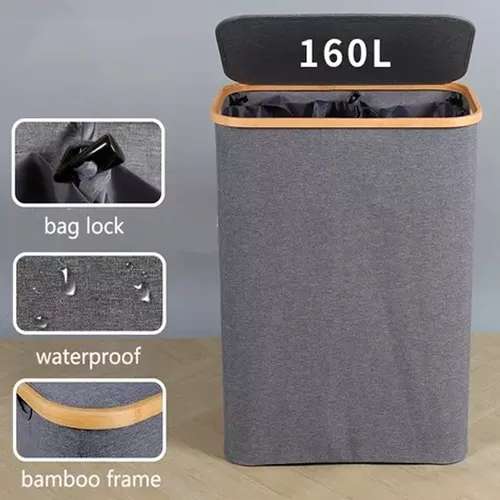 Cesta Ropa Sucia Canasto Plegable Gris Borde Bambu Cuadrado