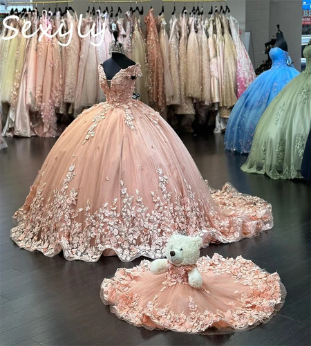 Vestido De Xv Quinceañera Verde Tul Brillante Con Flores