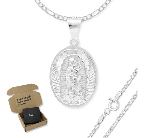 Cadena De Plata Fina 925 Medalla De Virgen Guadalupe 60 Cm
