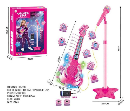 Set Guitarra Microfono Pedestal Juguete Mp3 Luces Rosada