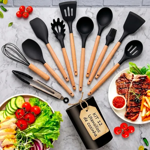 Kit 12 Utensílios Cozinha Silicone Cabo Madeira Jogo Conjunto Espátula Concha Colher Antiaderente Não Risca Panela Resistente Alta Temperatura Lava-Louças Uso Doméstico Profissional Ponte Lar Utilidad