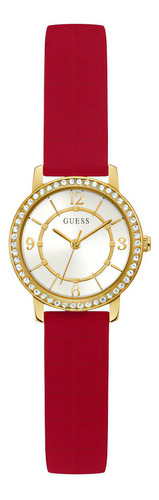 Reloj Para Mujer Guess Mini Nova Color Negro Gw0246l3 Color Del Fondo Plateado Color De La Correa Rojo Color Del Bisel Dorado