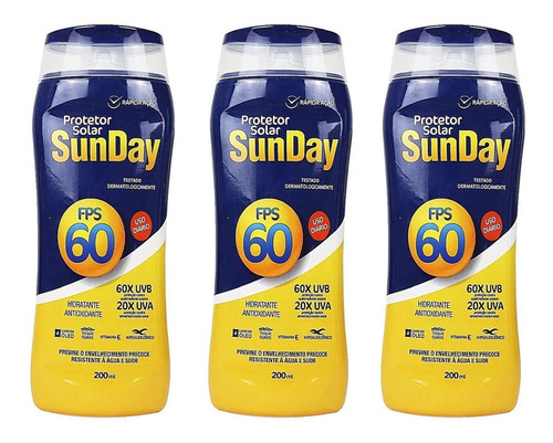 Kit 3 Protetor Solar Sunday Fps 60 200 Ml