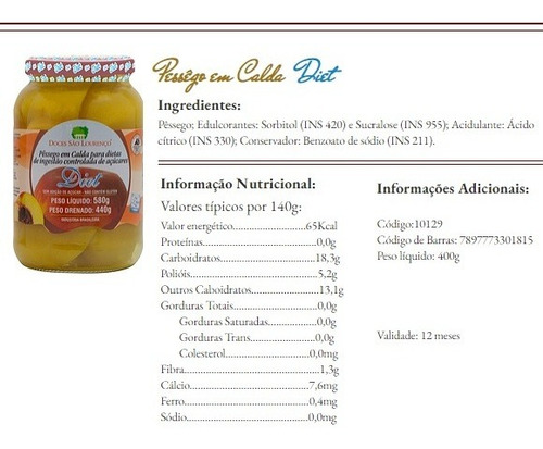 Imagem 2 de 2 de 3x Pessego Em Calda Diet Sâo Lourenço 580g