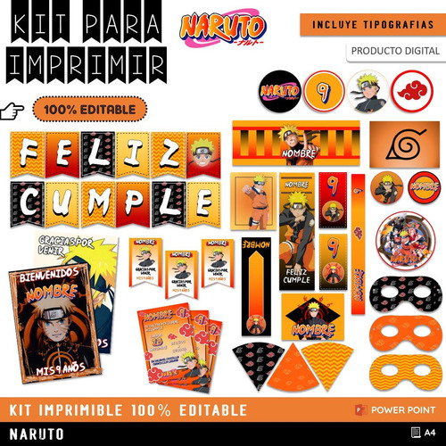 Kit Imprimible Cumple + Candy Editable - Naruto