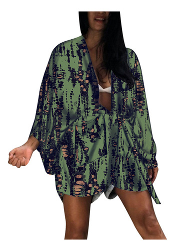 Nuevo Kimono De Playa De Chifón Estampado S For Mujer, Blusa Larg