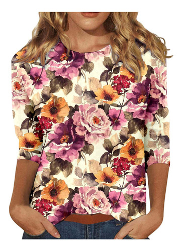 Blusa R Para Mujer, Cómoda, Cuello Redondo, Manga 3/4, 2013