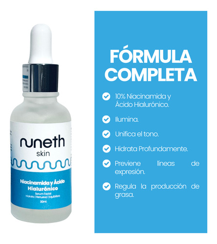 Nuneth - Serum Facial Niacinamida Y Ácido Hialurónico, 30ml Momento de aplicación Día/Noche Tipo de piel Todo tipo de piel