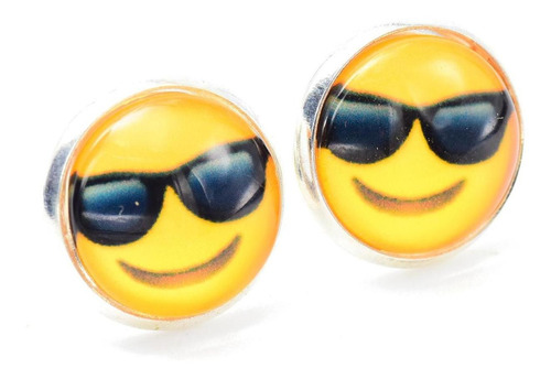 Aretes Broquel Emoji Carita Con Gafas Negras Acero