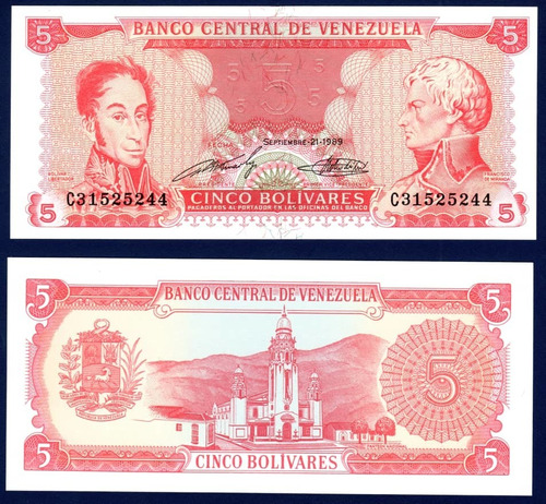 Billete 5 Bolívares C8 Septiembre 21 1989 Bolívar Y Miranda