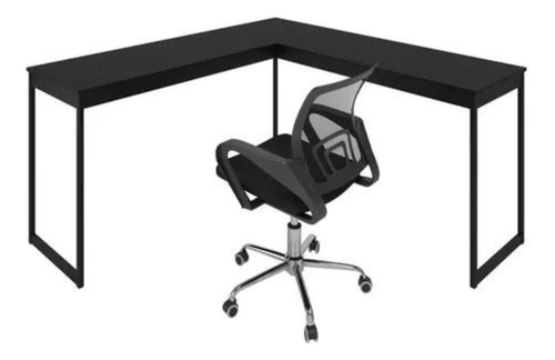 Kit Cadeira De Escritório Ajustável + Mesa Formato L Madeira