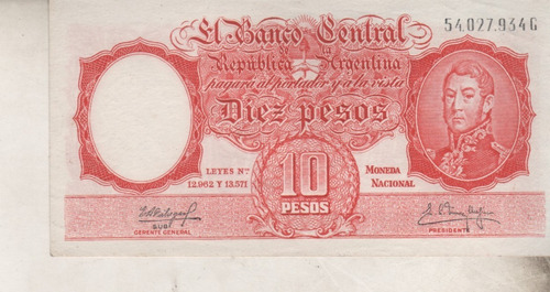 Billete Argentina * 10 Pesos San Martin * Año 1962 - Serie G