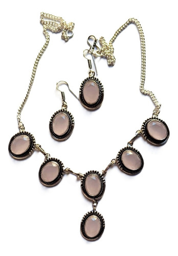 Calcedonia Collar Y Aros Plata Indu 925 Rosa