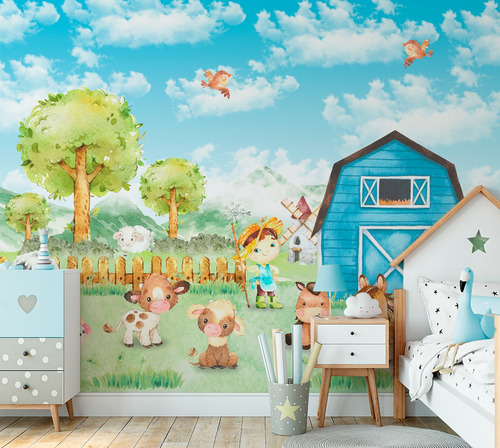 Papel De Parede Fazenda Infantil Animais Cavalos 5m² Vr695