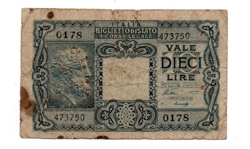 Italia Billete 10 Liras Biglietto Di Stato Año 1944 P#32a