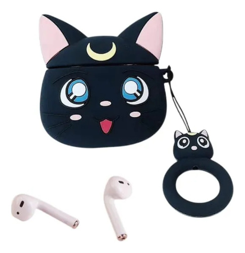 Funda Estuche Kawaii Para Airpods Pro2 Con Gancho Gatito Negro Luna