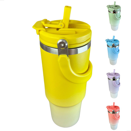 Copo Térmico Inox Tampa Canudo Alça 900ml Classic Flip Straw Cor Amarelo Degradé