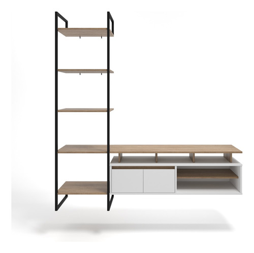 Rack Industrial Home Theater C/ Estante Ferro E Madeira Cor Lamina/Preto/Branco