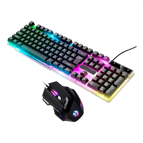 Kit Teclado Mouse Rgb Iluminado Gamer Led Semi Mecanico Abnt Mouse Preto Teclado Preto
