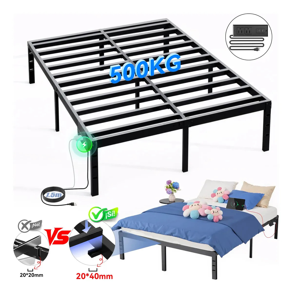 Base Cama Matrimonial con Estación de Carga y Espacio de Almacenamiento