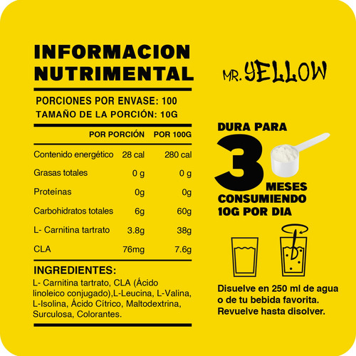 Mr. Yellow Cla + Carnitina 1kg 100 Servs Mango